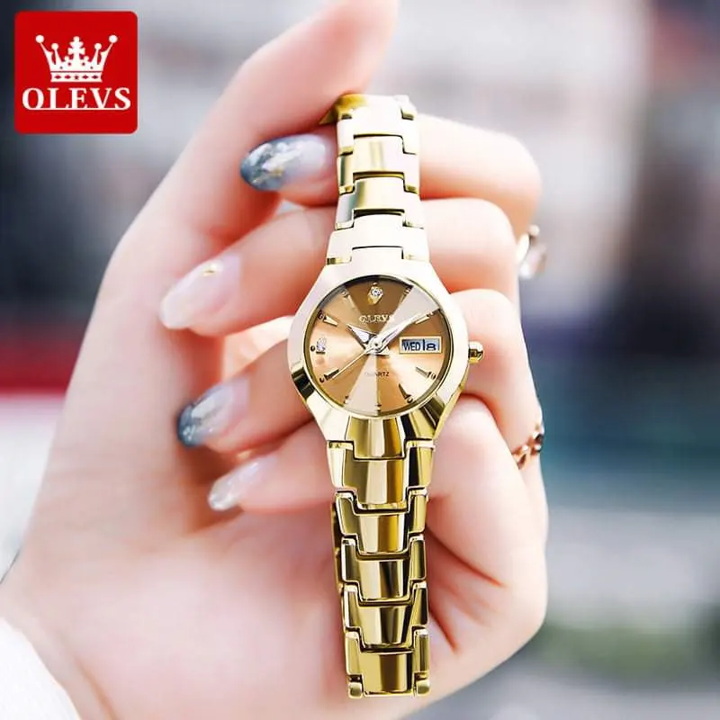 Olevs Tungsten Steel Gold Dial Ladies Watch | 8697